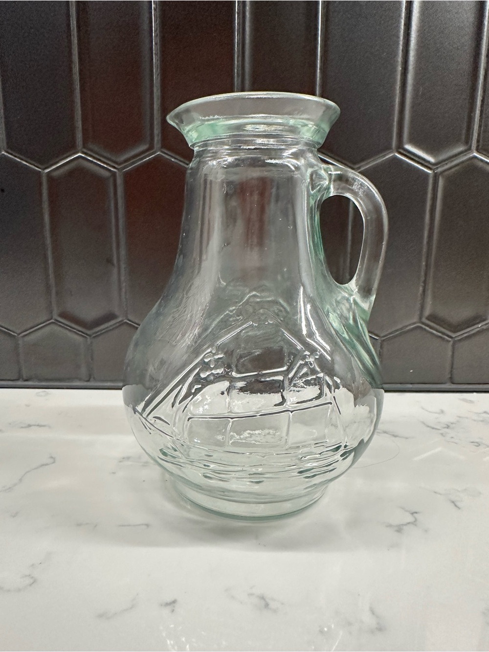 Vintage Car glass pitcher embossed with a clipper ship design 24 oz